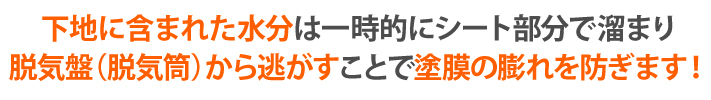 下地に含まれた水分は一時的にシート部分で溜まり脱気盤(脱気筒)から逃がすことで塗膜の膨れを防ぎます!