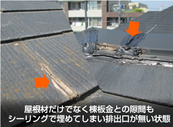 屋根材の隙間をシーリングで埋めてしまっている例