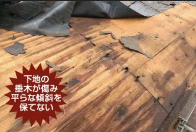 垂木が傷んで平な形状を維持できなくなった屋根