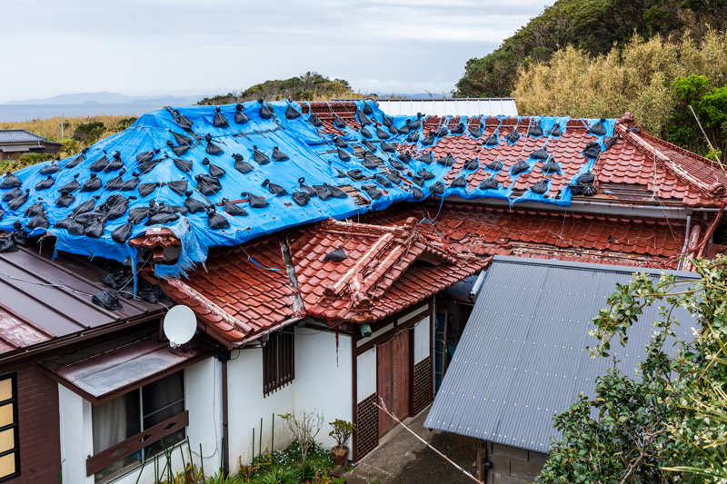 青いビニールシートで養生された瓦屋根