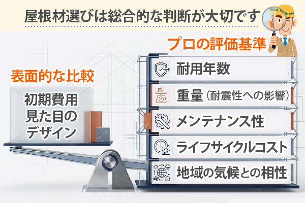 屋根材選びは表面的な比較や、プロの評価基準など総合的な判断が大切です